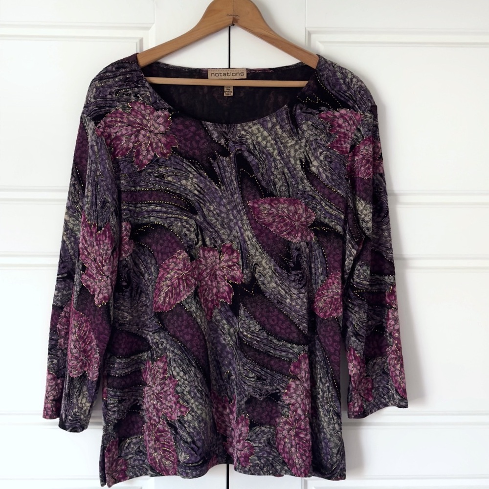 Notations Artsy Floral Embroidered Tunic Top Women XL Black Purple Whimsigoth